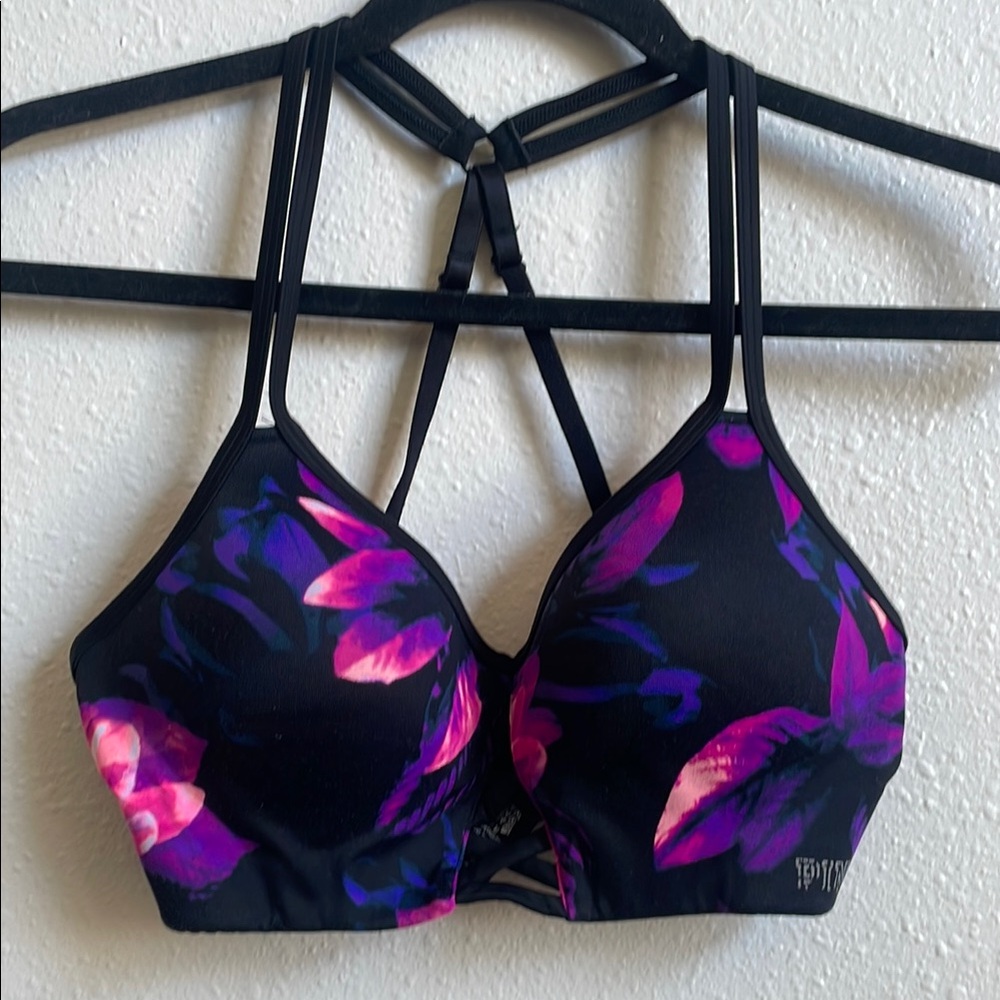 Floral Print Women's Bra - Black and Purple